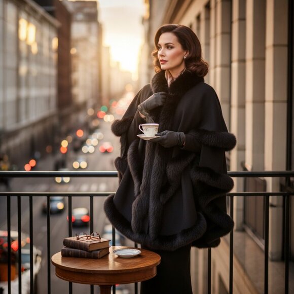 BLOOMINGDALE S Jackets & Blazers - Designer Bloomingdales Black Wool & Fox Fur Trim Snap Front Cape Coat M/L